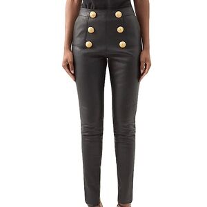 Button-Embellished Leather Skinny Pants
